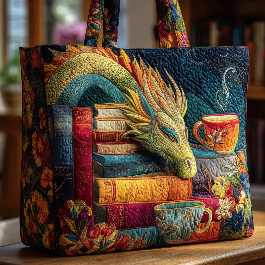 Sac fait main en tissu bleu foncé, décor dragon polychrome et livres anciens, anses renforcées