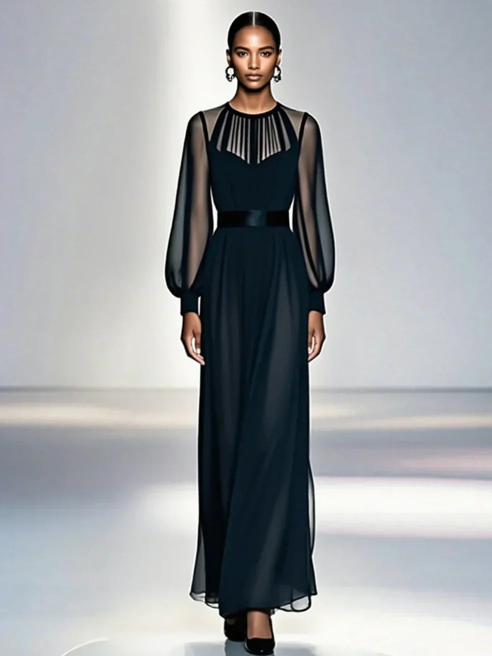 Robe longue Jimena™ sombre, encolure graphique à l’avant et manches en voile transparent