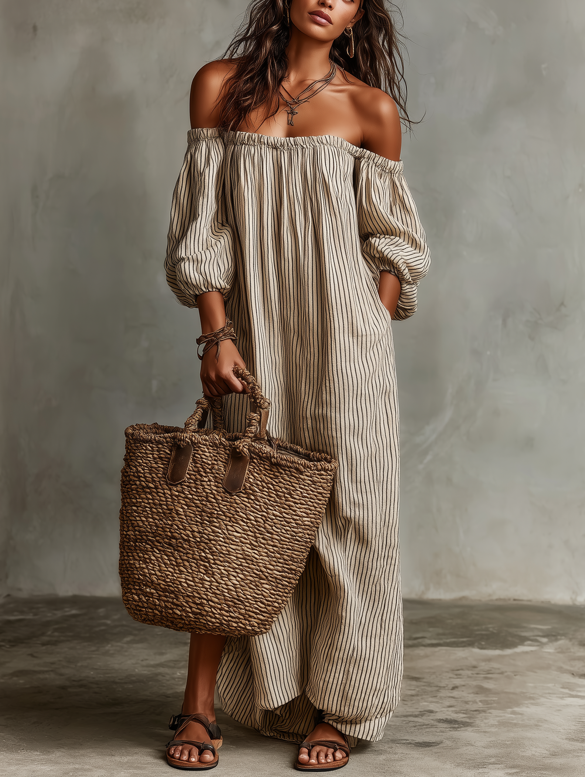 Robe longue rayée beige, épaules dénudées, manches bouffantes et ourlet ample.
