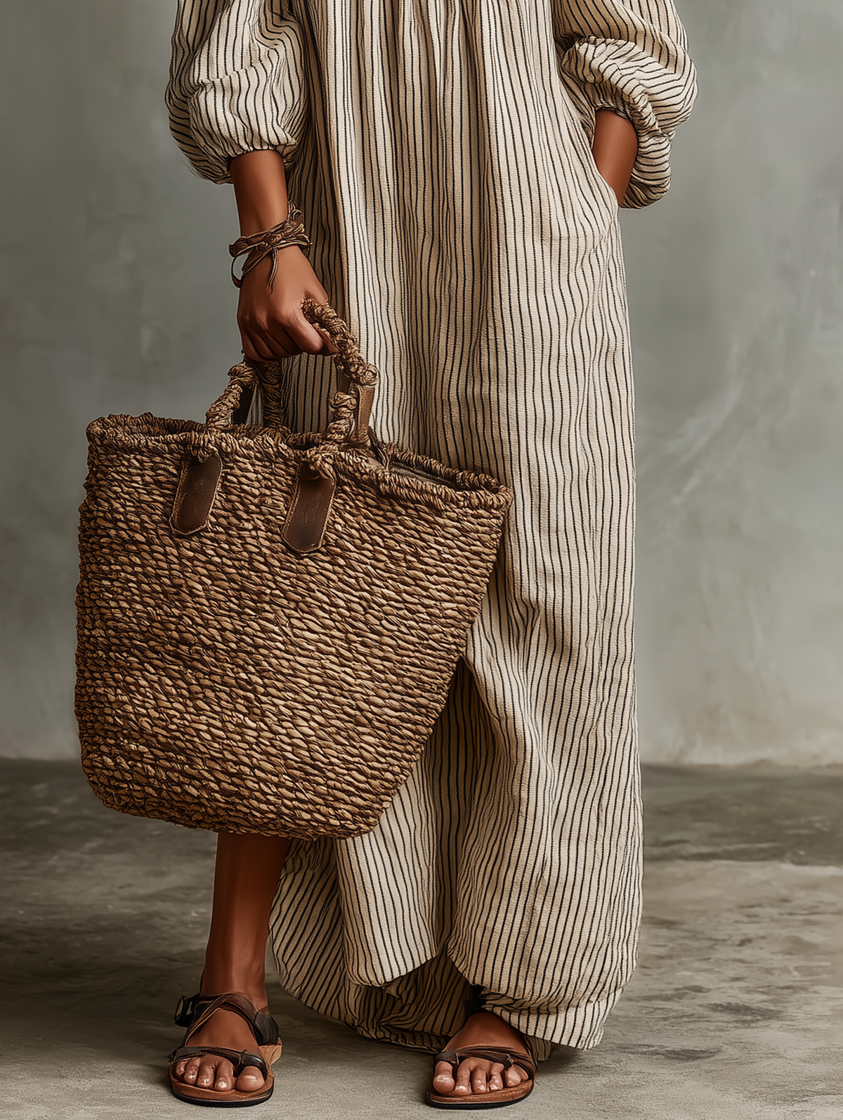 Robe longue à rayures verticales beige, épaules dénudées et manches bouffantes.