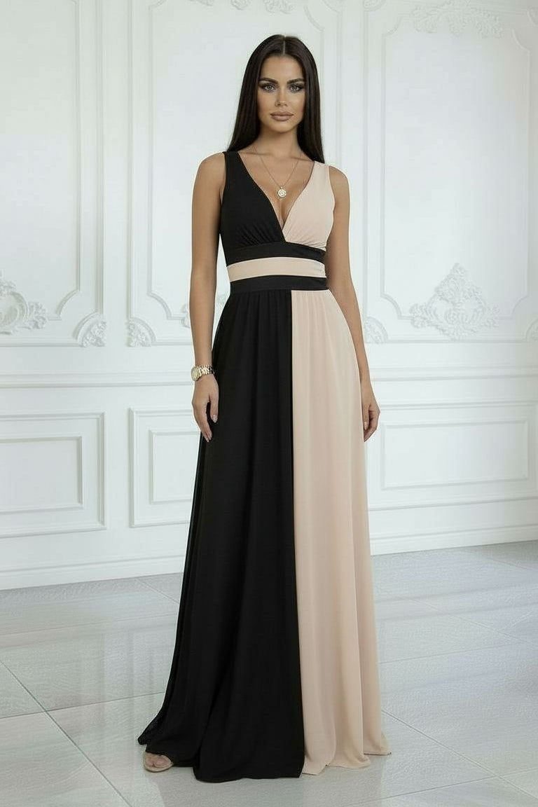 Robe longue sans manches noir et nude, décolleté V croisé, jupe fluide bicolore.