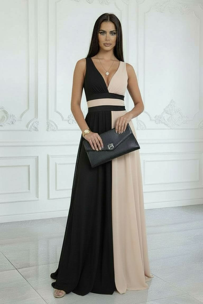 Robe longue sans manches bicolore noir et nude, décolleté V croisé, bande contrastée.
