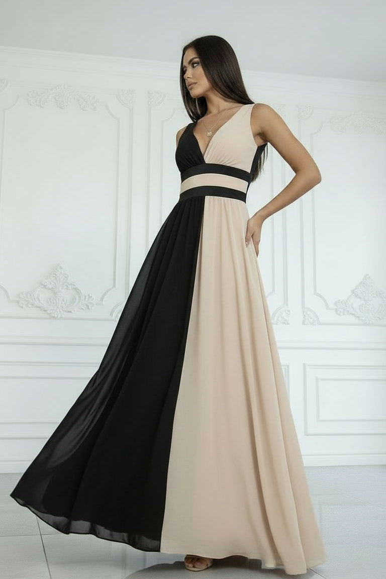 Robe longue bicolore noir et nude, décolleté V croisé, jupe ample évasée.