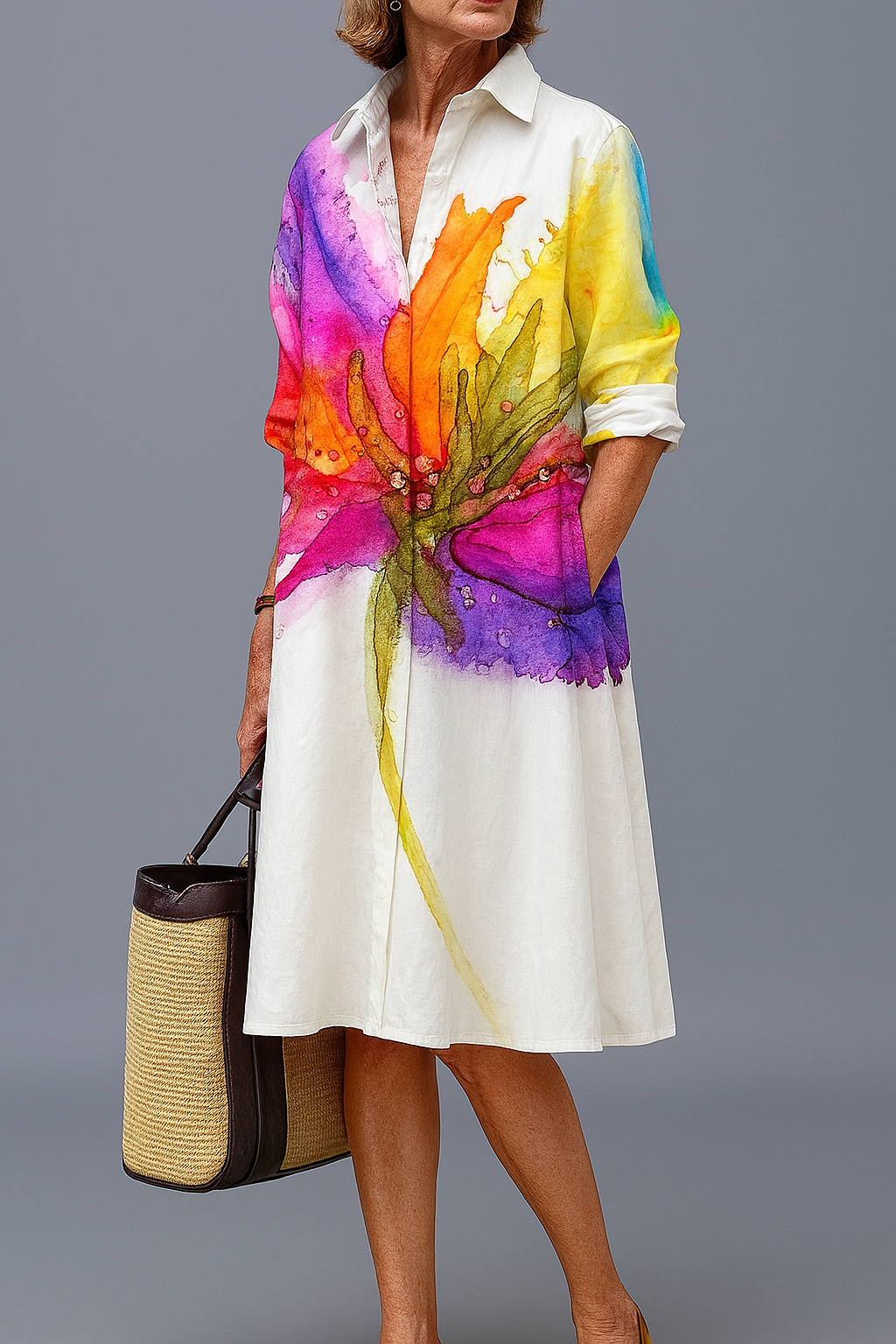 Robe midi avec col chemise, fond écru et motif aquarelle coloré, manches 3/4