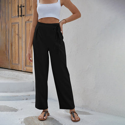 Pantalon Sabby noir à taille élastique, cordon noué, jambes amples, poches latérales
