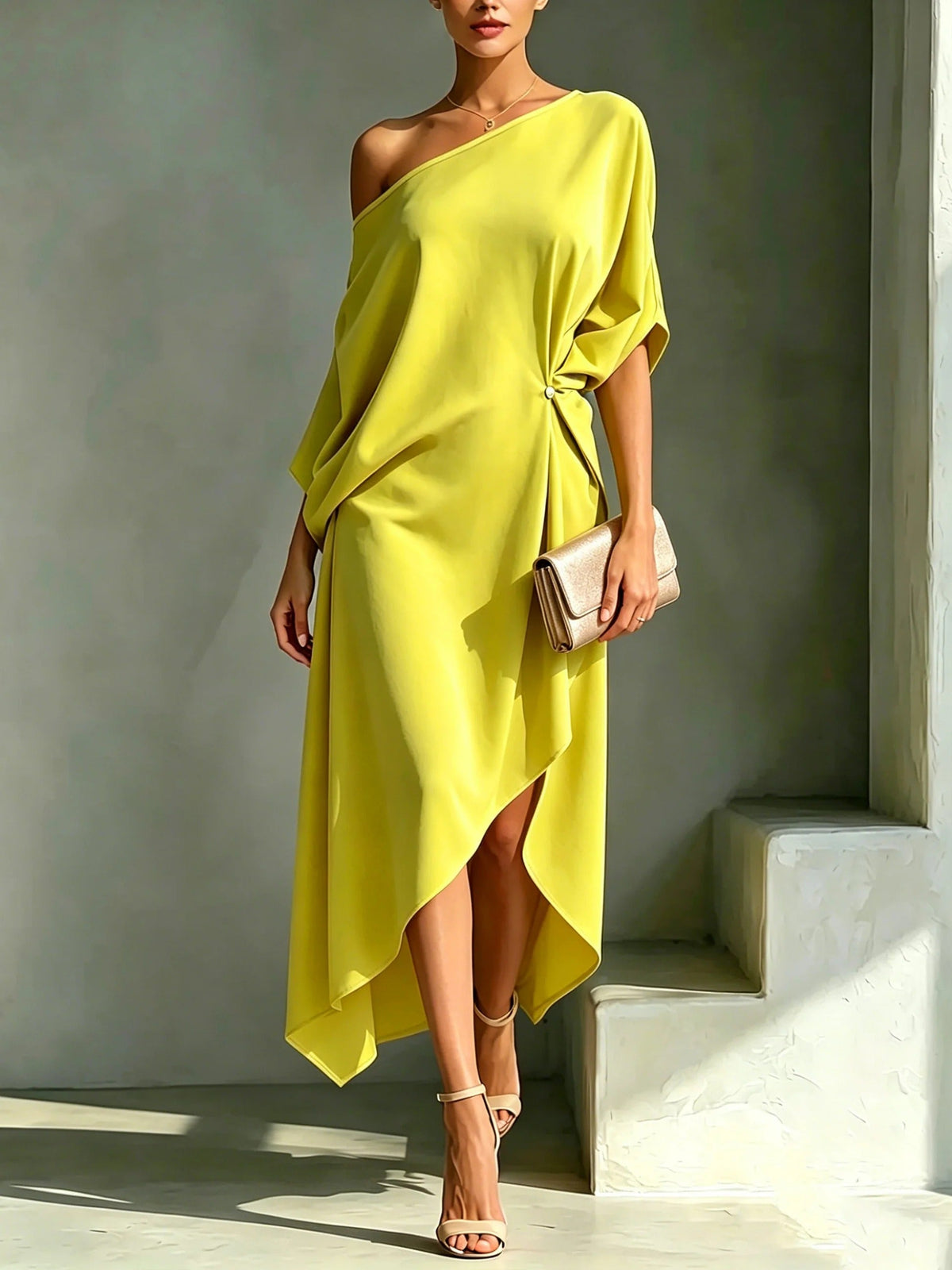Robe asymétrique jaune vif, épaule dénudée, manches chauve-souris, fente et pans irréguliers
