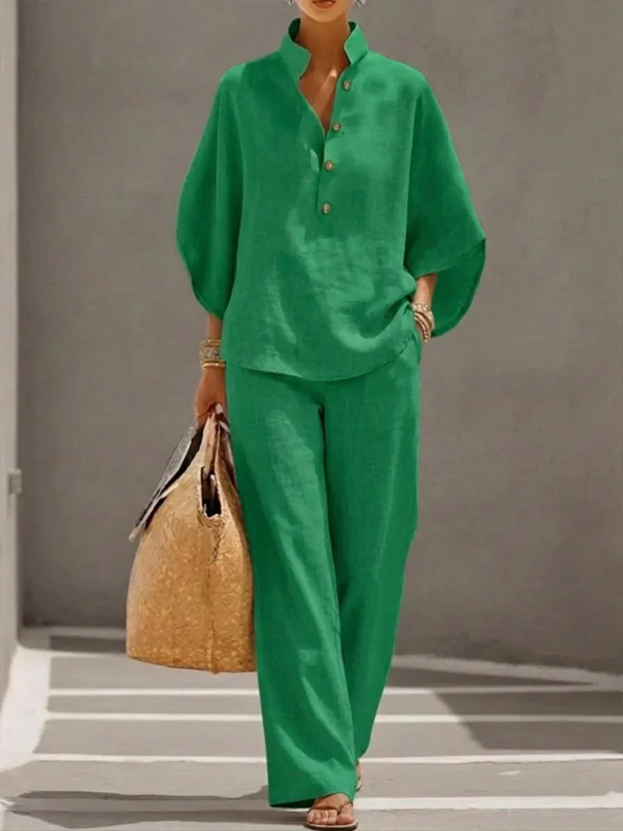 Ensemble en lin vert : haut à manches chauve-souris boutonné et pantalon ample