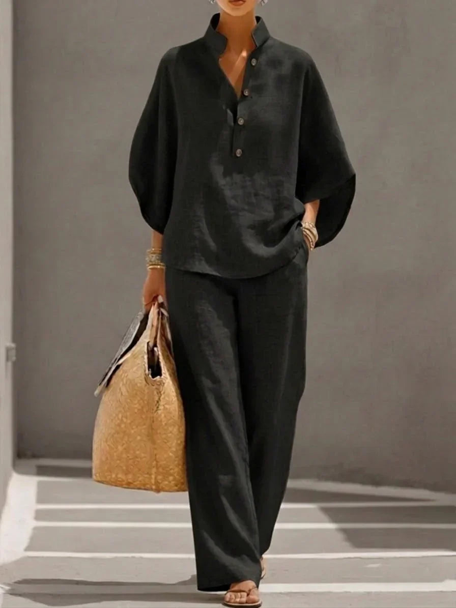 Ensemble en lin noir : haut à manches chauve-souris boutonné et pantalon ample
