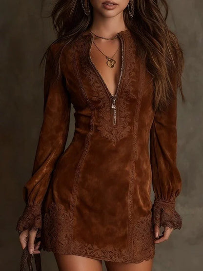 Mini-robe en suédine marron à zip et dentelle, manches bouffantes