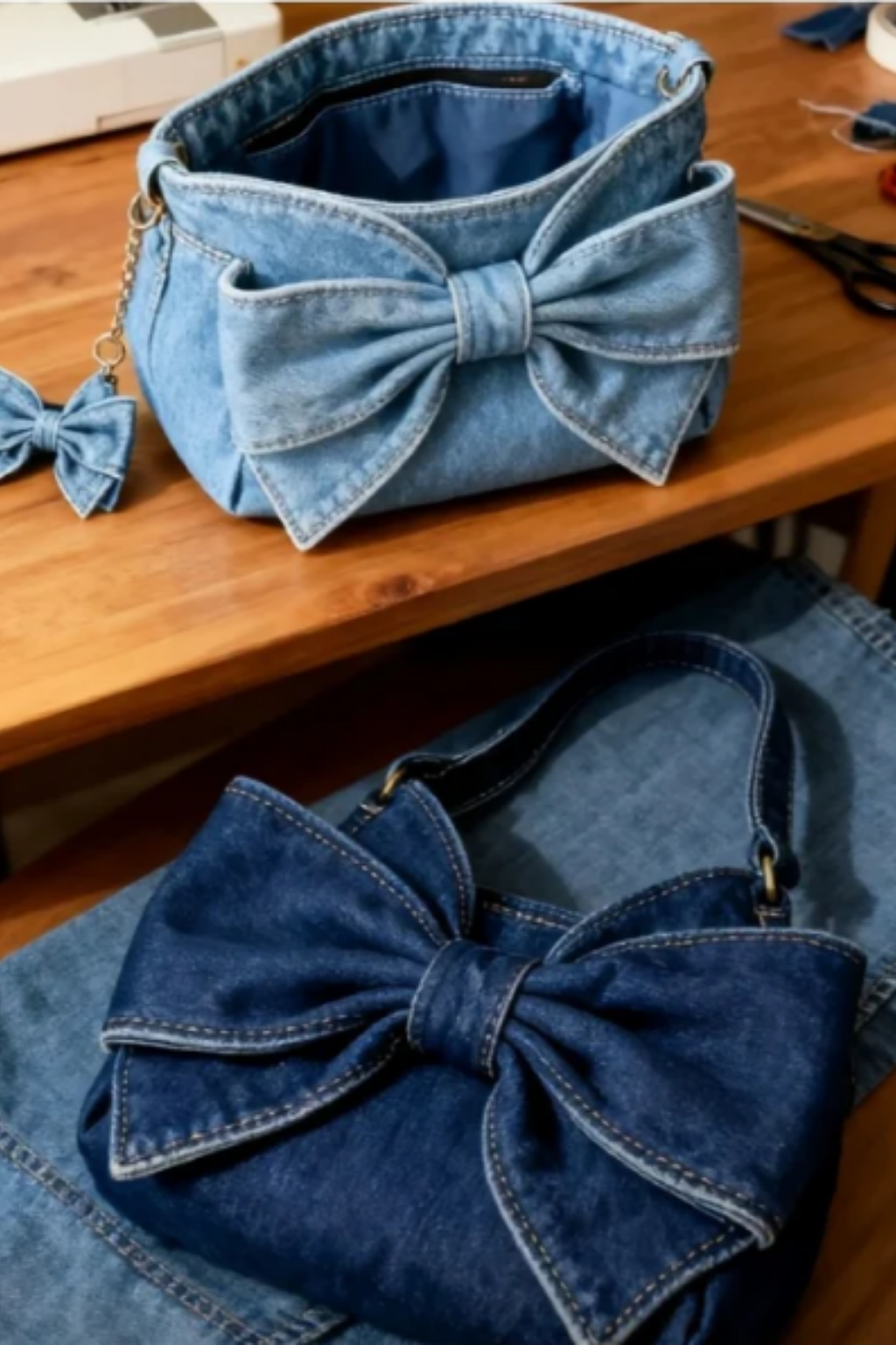 Sac à nœud rétro en denim bleu, grand nœud devant, chaînettes et anse.