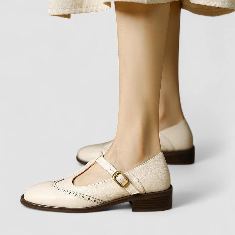 Chaussures Oxford bébé beiges à bride et boucle, bout fermé, talon bloc
