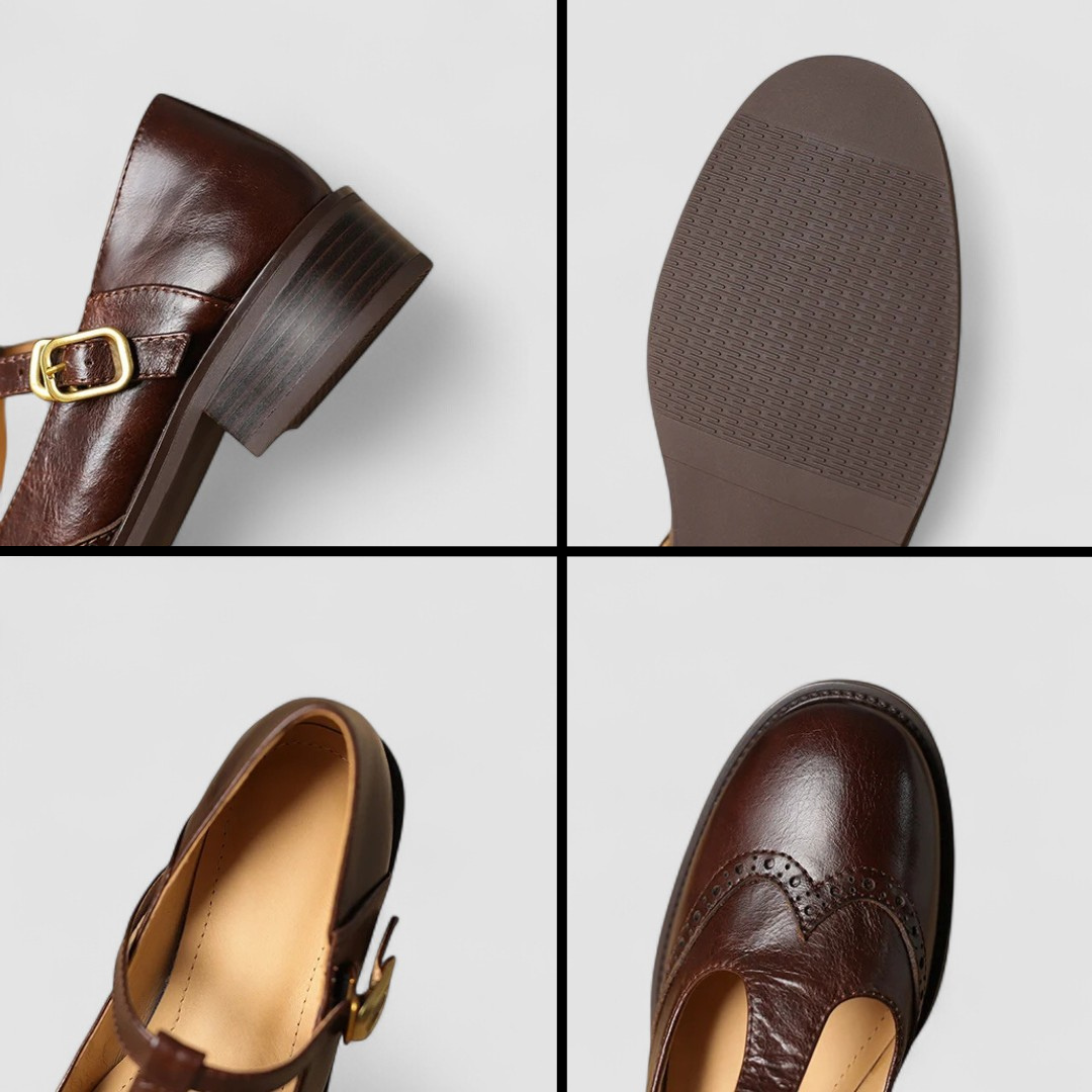 Semelles et dessous des chaussures bébé style Oxford Émilienne™ (brun et beige).
