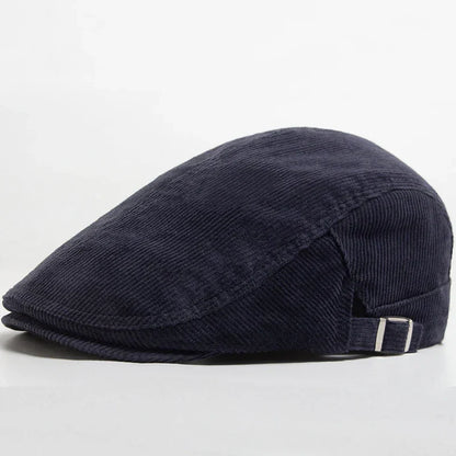 Casquette en velours côtelé bleu marine, sangle à boucle et face avant