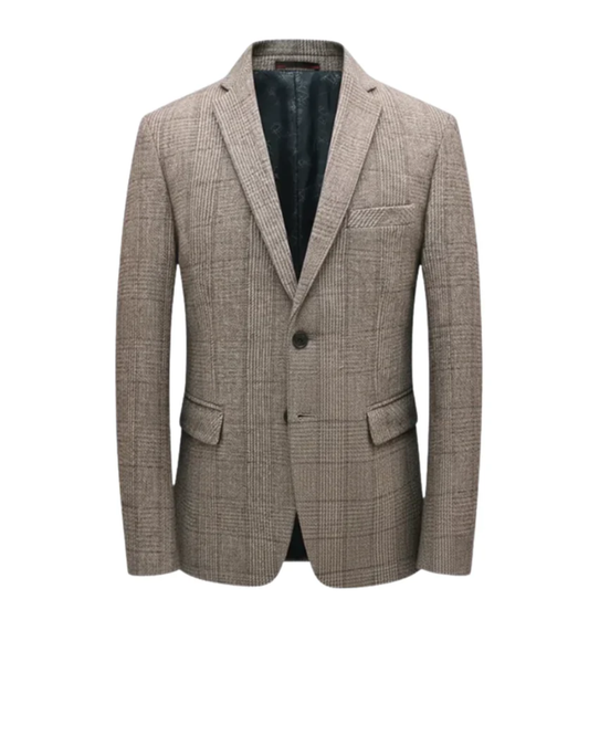 Blazer homme beige à motif quadrillé fin, poches plaquées, col à revers.