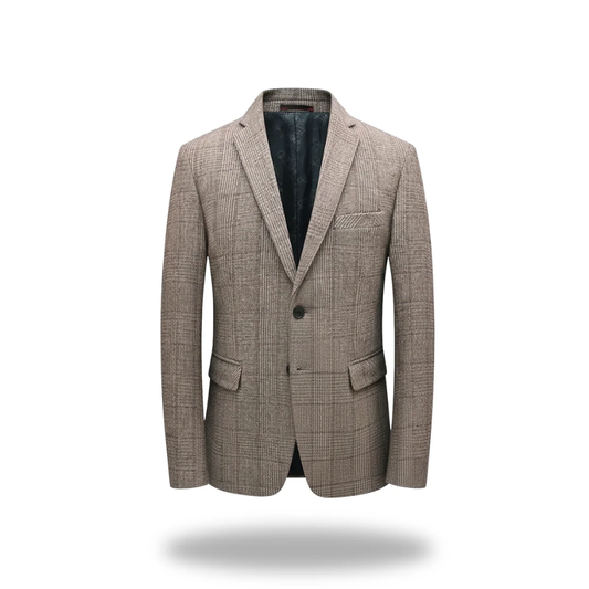 Blazer homme beige en tissu texturé, col à revers, fermeture boutonnée.