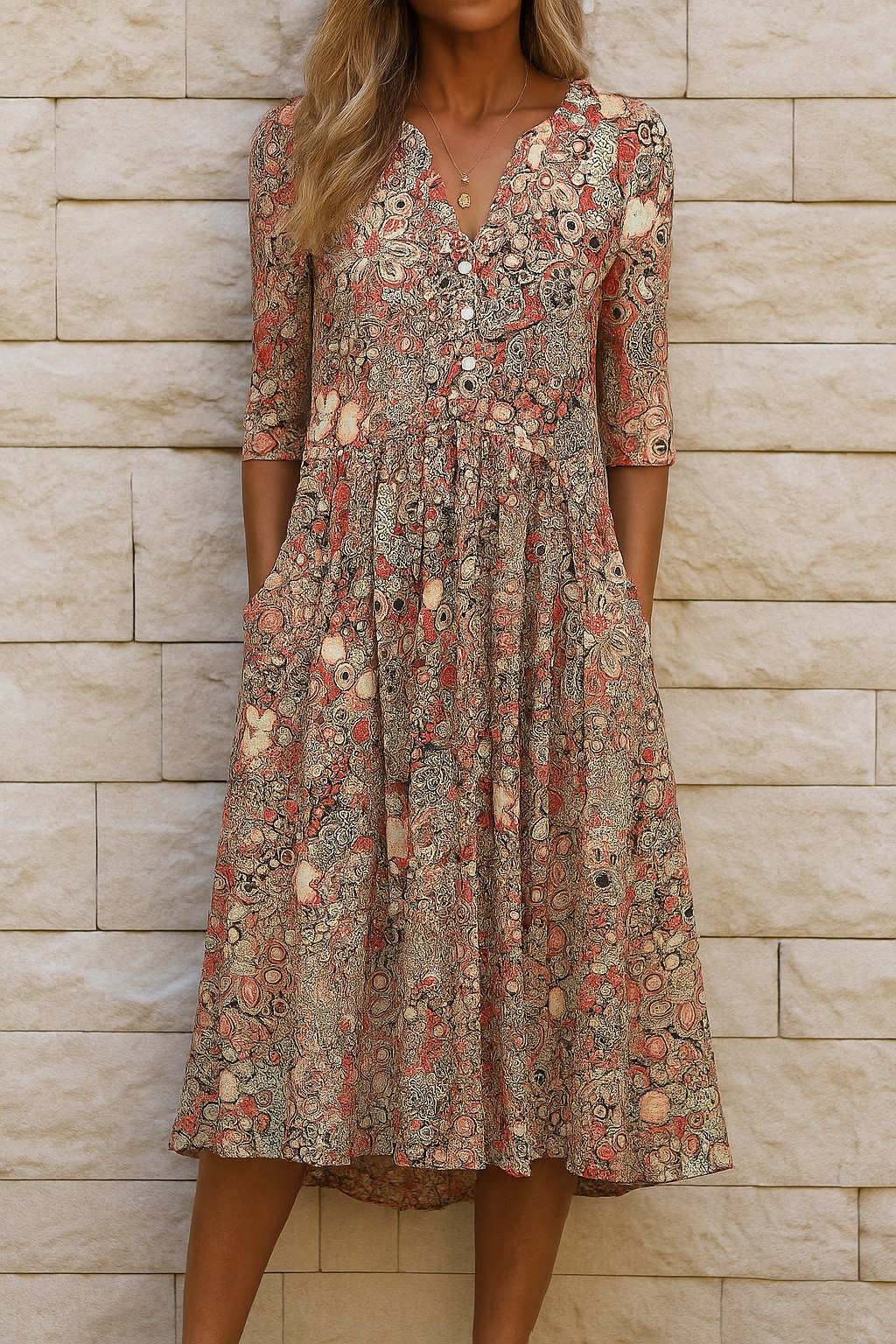 Robe midi imprimée beige, col V et manches 3/4, coupe évasée