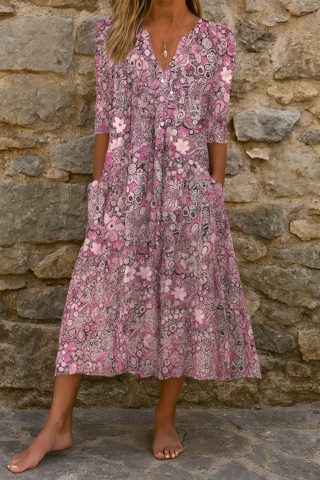Robe midi imprimée rose, col V, manches 3/4, jupe ample évasée