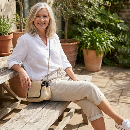 Pantalon 3/4 en lin coton blanc cassé, taille à cordon, poches, style décontracté