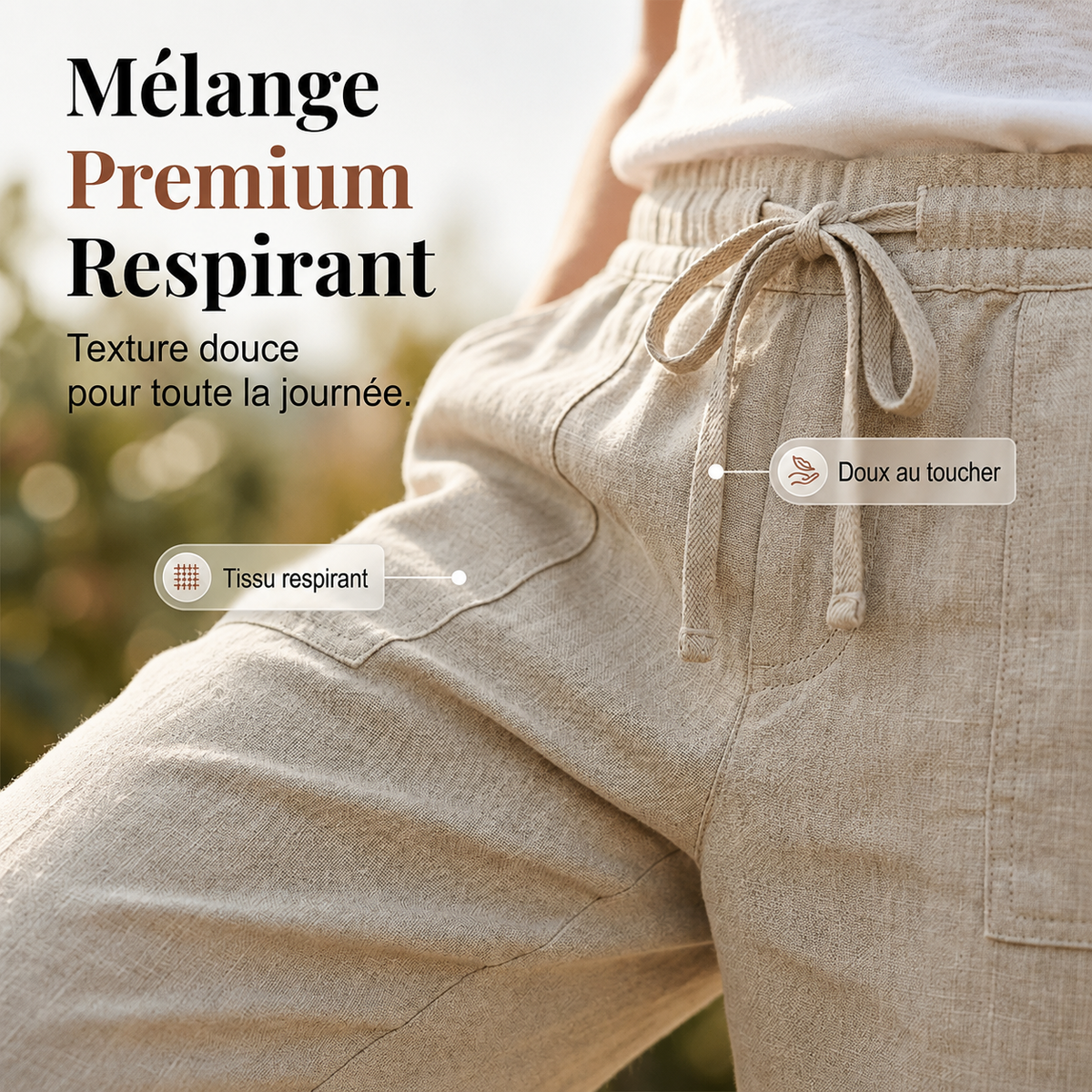 Pantalon 3/4 en lin coton beige, taille à cordon, poches avant, tissu respirant