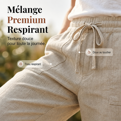 Pantalon 3/4 en lin coton beige, taille à cordon, poches avant, tissu respirant