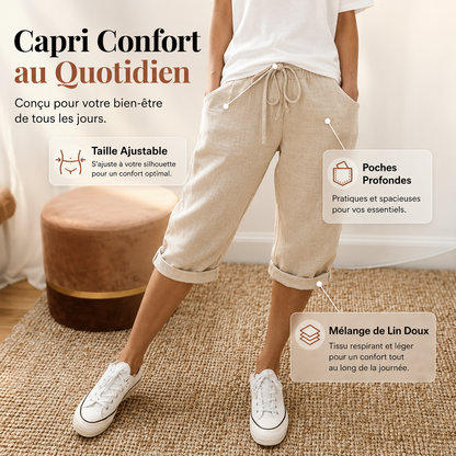 Pantalon 3/4 en lin coton beige, taille réglable à cordon, poches profondes