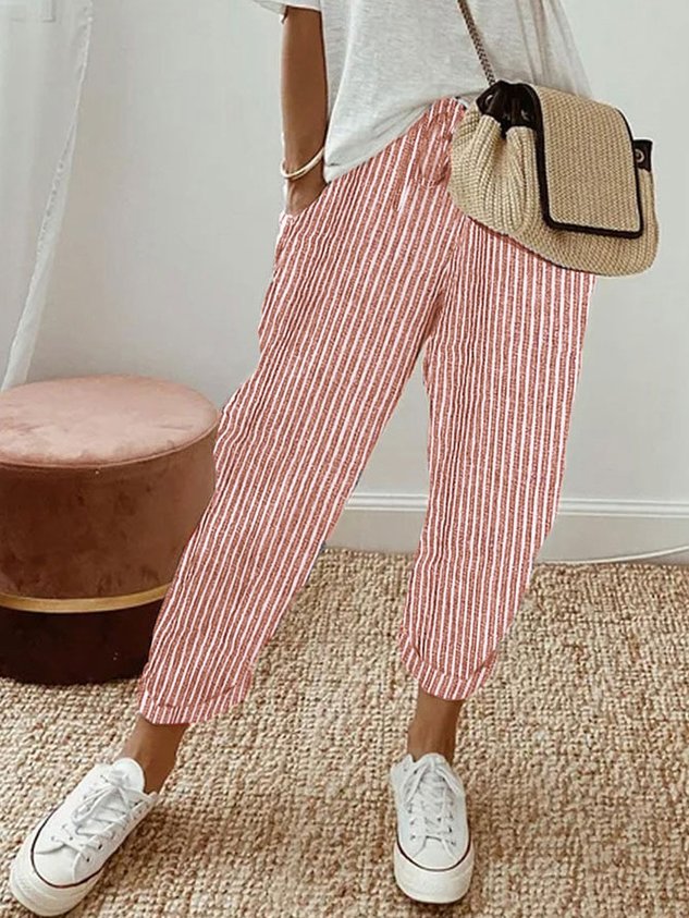 Pantalon fluide rayé rouge et blanc, taille élastique, jambes amples aux chevilles