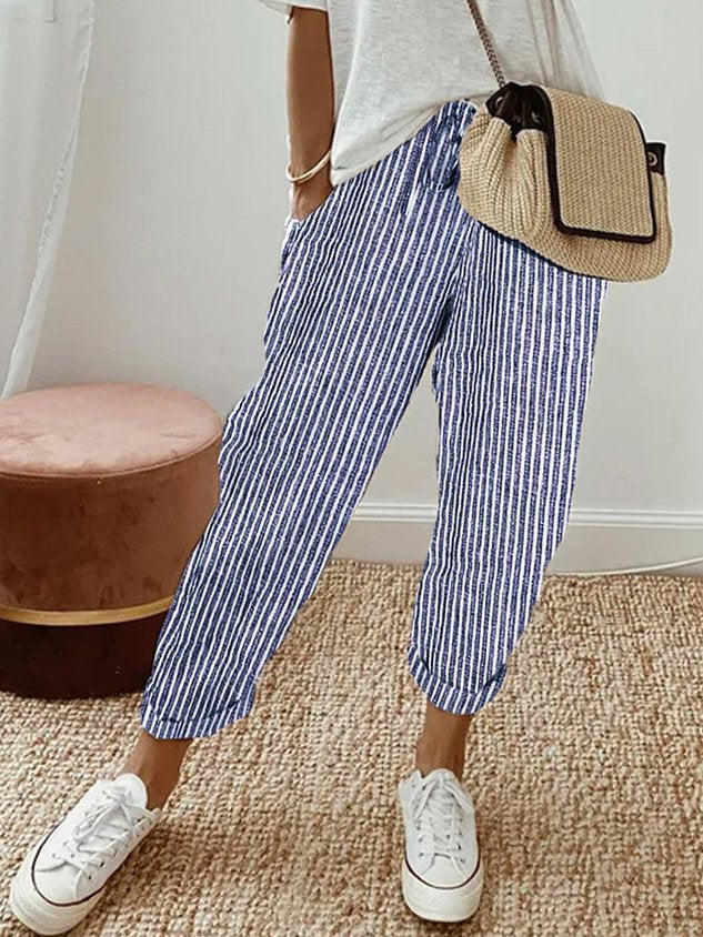 Pantalon fluide rayé bleu et blanc, taille élastique, jambes amples aux chevilles