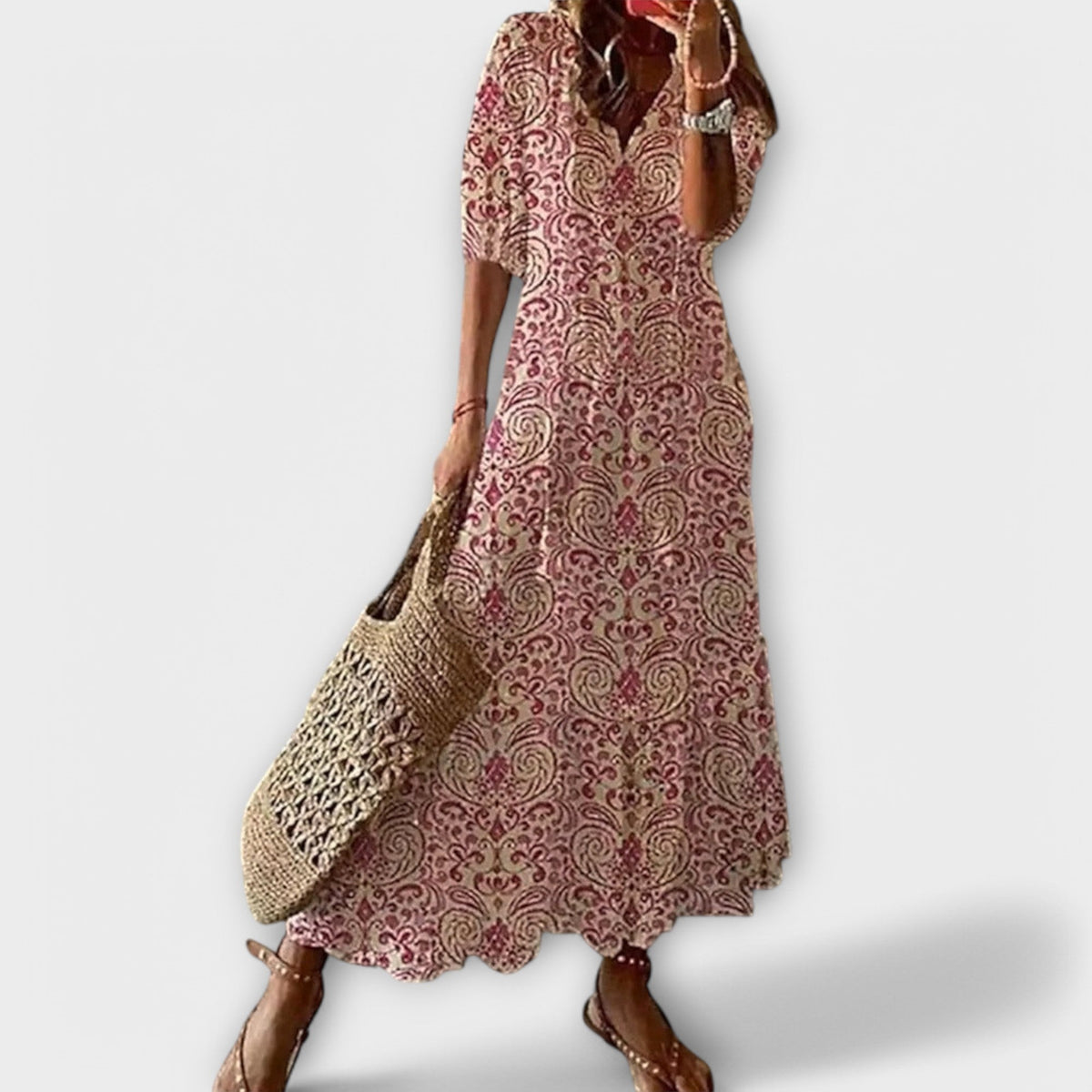 Robe longue ample rose bordeaux à motif baroque, manches courtes