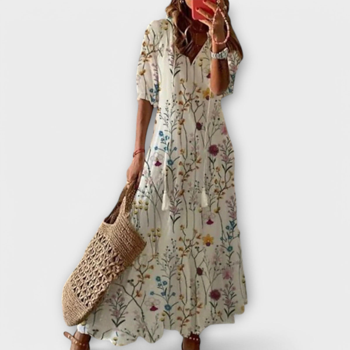 Robe longue ample blanche à fleurs multicolores, manches courtes