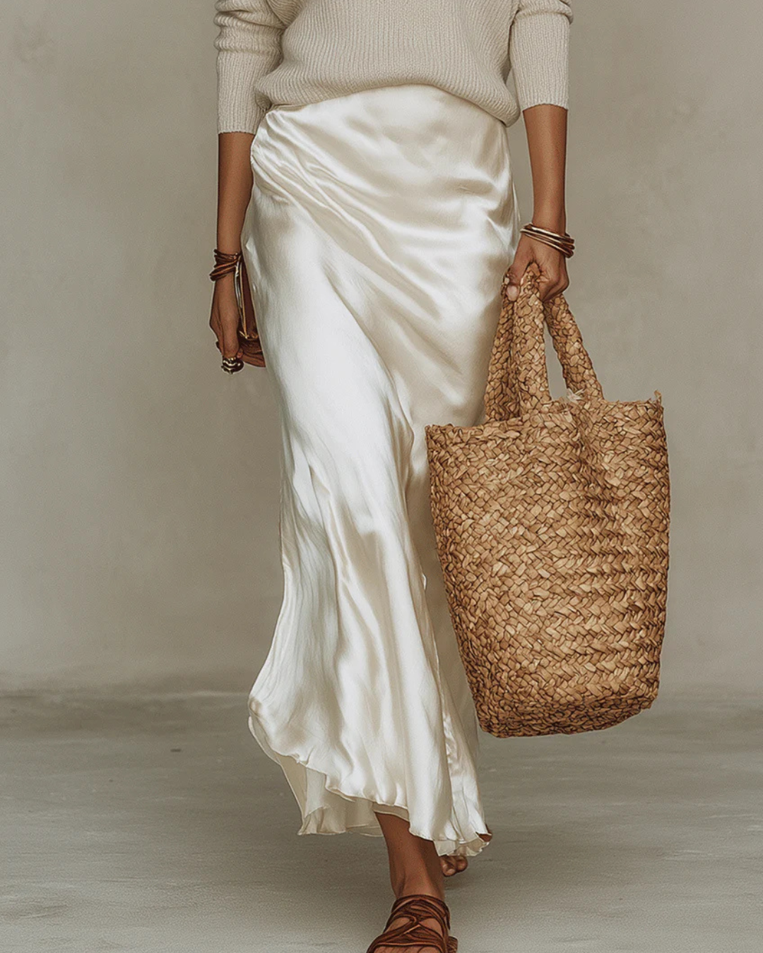 Robe mi-longue satin blanc avec pull inclus, détails drapés et encolure V