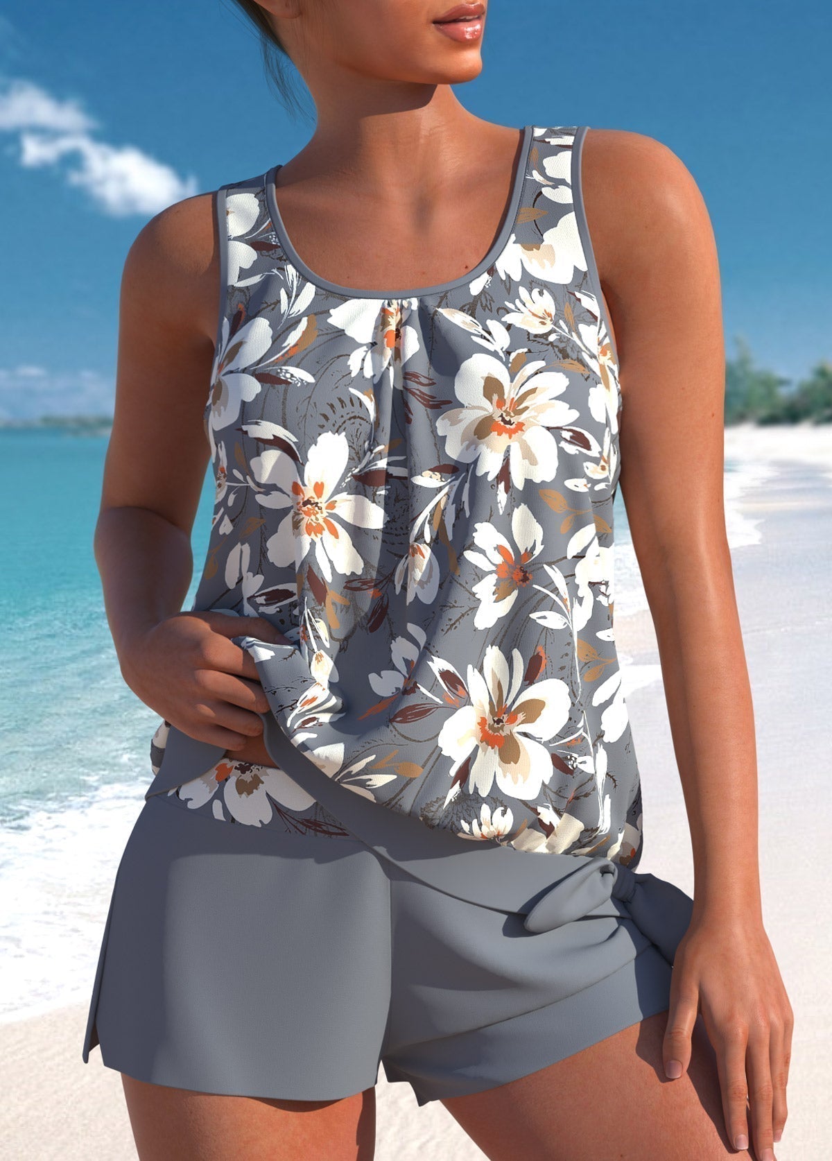 Ensemble de bain débardeur gris à fleurs blanches et short gris assorti