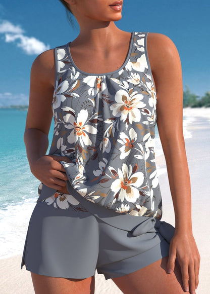 Ensemble de bain débardeur gris à fleurs blanches et short gris assorti