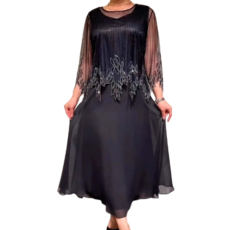 Robe midi noire évasée, manches en voile transparent, broderies argentées au buste