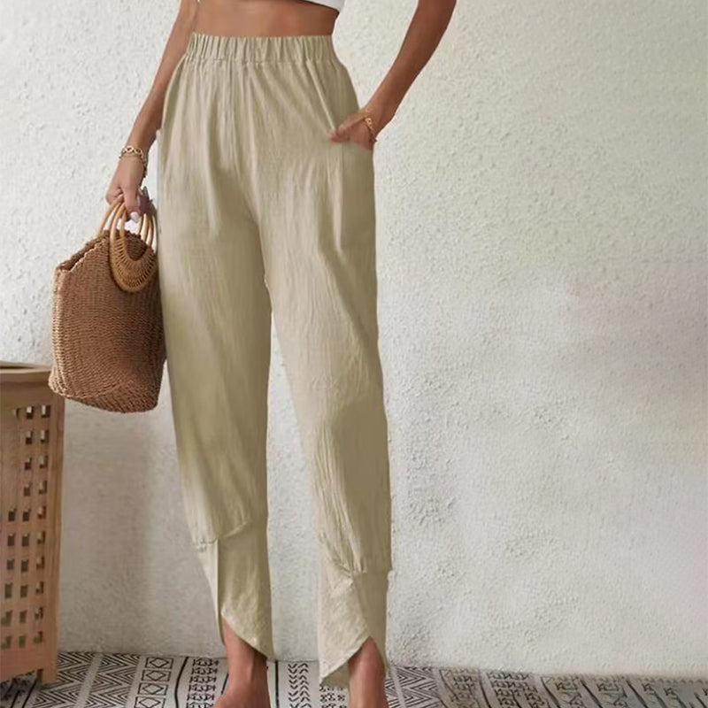 Pantalon fluide kaki à taille élastique, ourlet effiloché