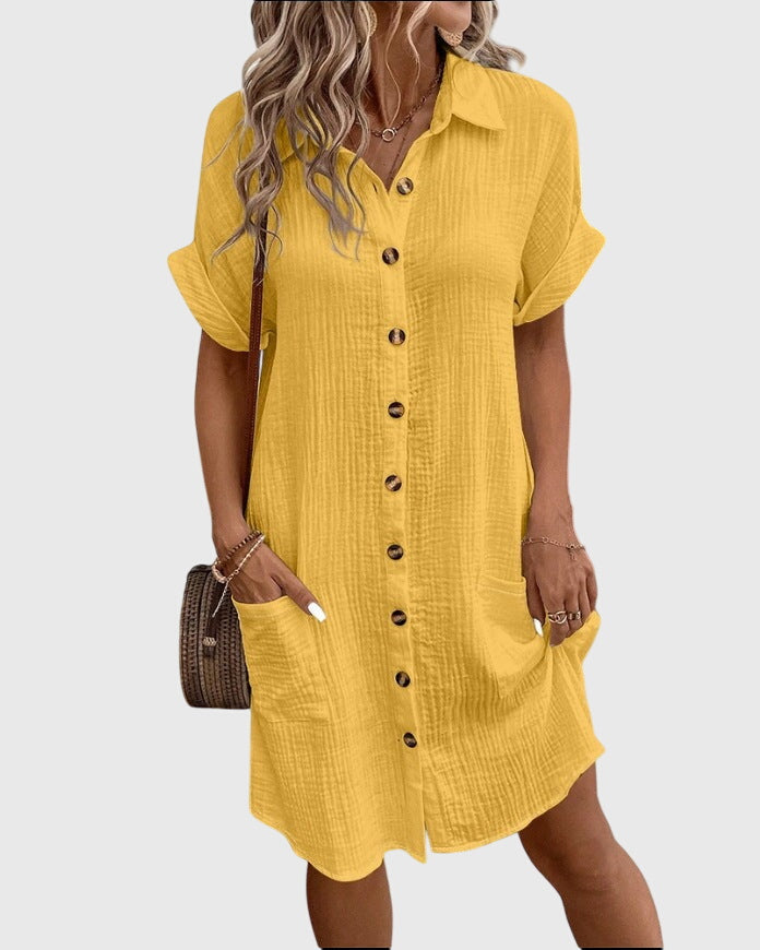 Robe jaune moutarde à boutons, col chemise et poches latérales