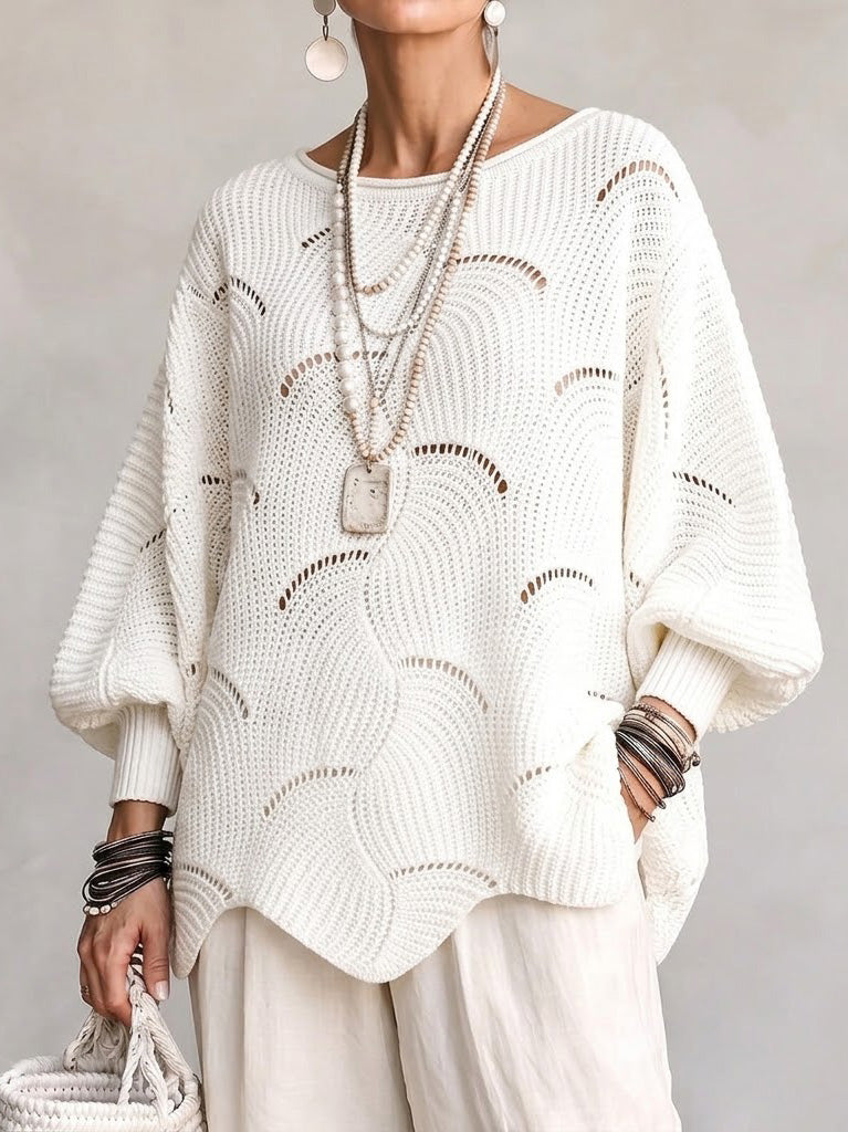 Pull en tricot blanc à motif vagues creuses, manches lanternes amples