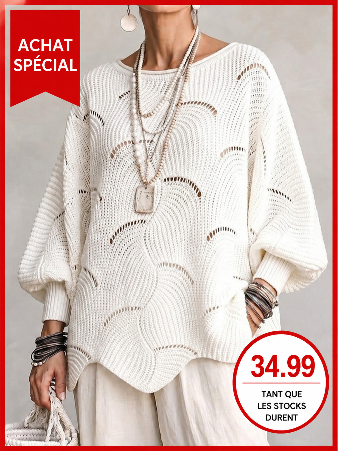 Pull en tricot blanc à motif vagues creuses, encolure ronde, manches lanternes amples