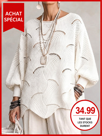 Pull en tricot blanc à motif vagues creuses, encolure ronde, manches lanternes amples