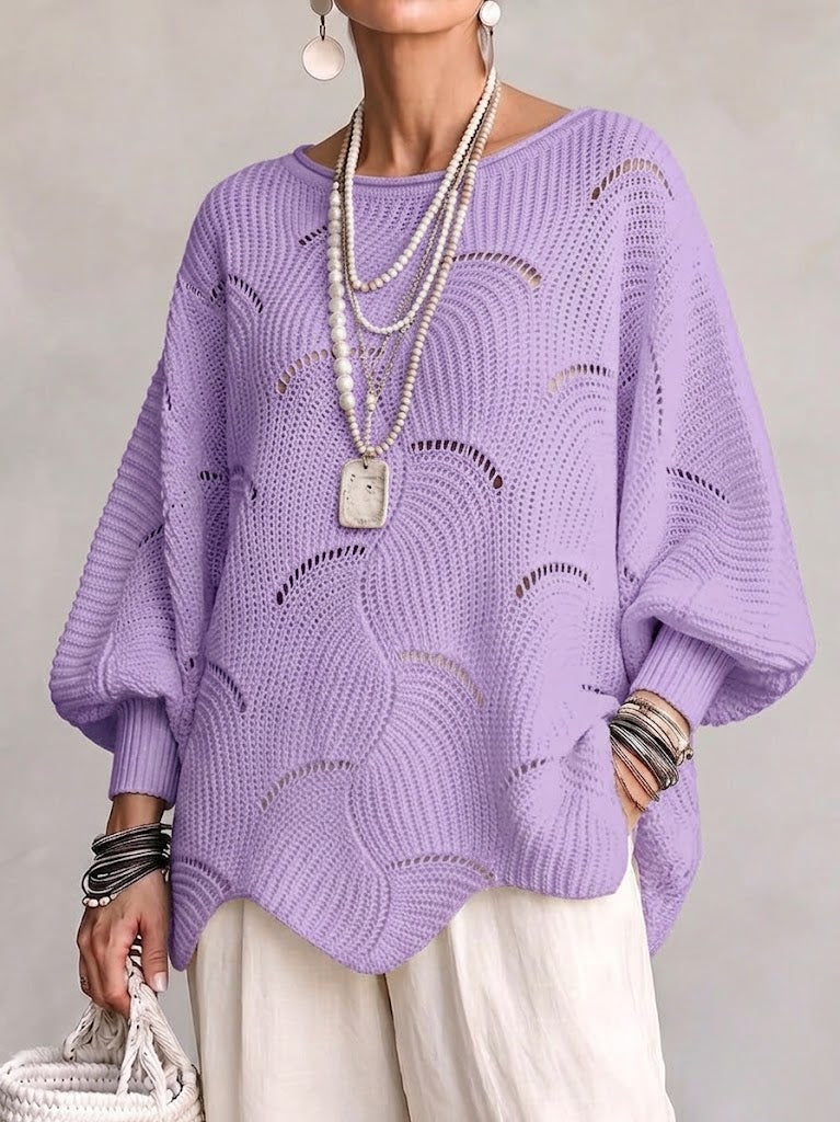 Pull en tricot violet à motif vagues creuses, manches lanternes amples