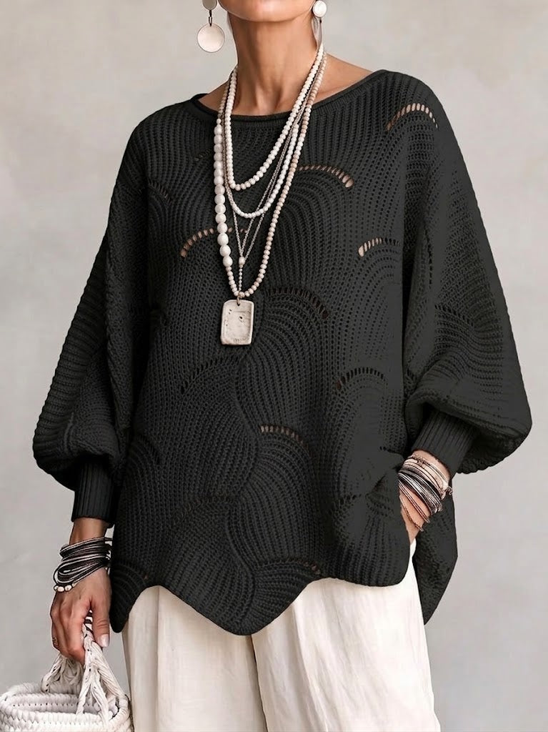 Pull en tricot noir à motif vagues creuses, manches lanternes amples
