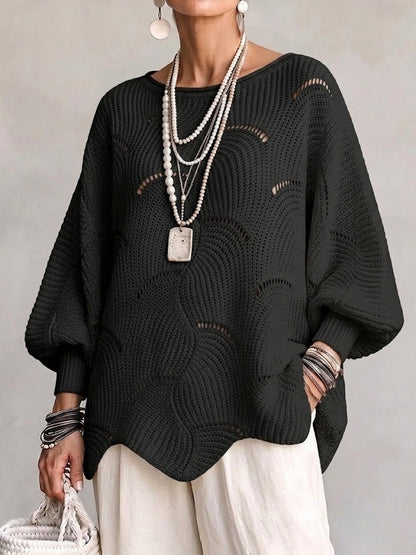 Pull en tricot noir à motif vagues creuses, manches lanternes amples