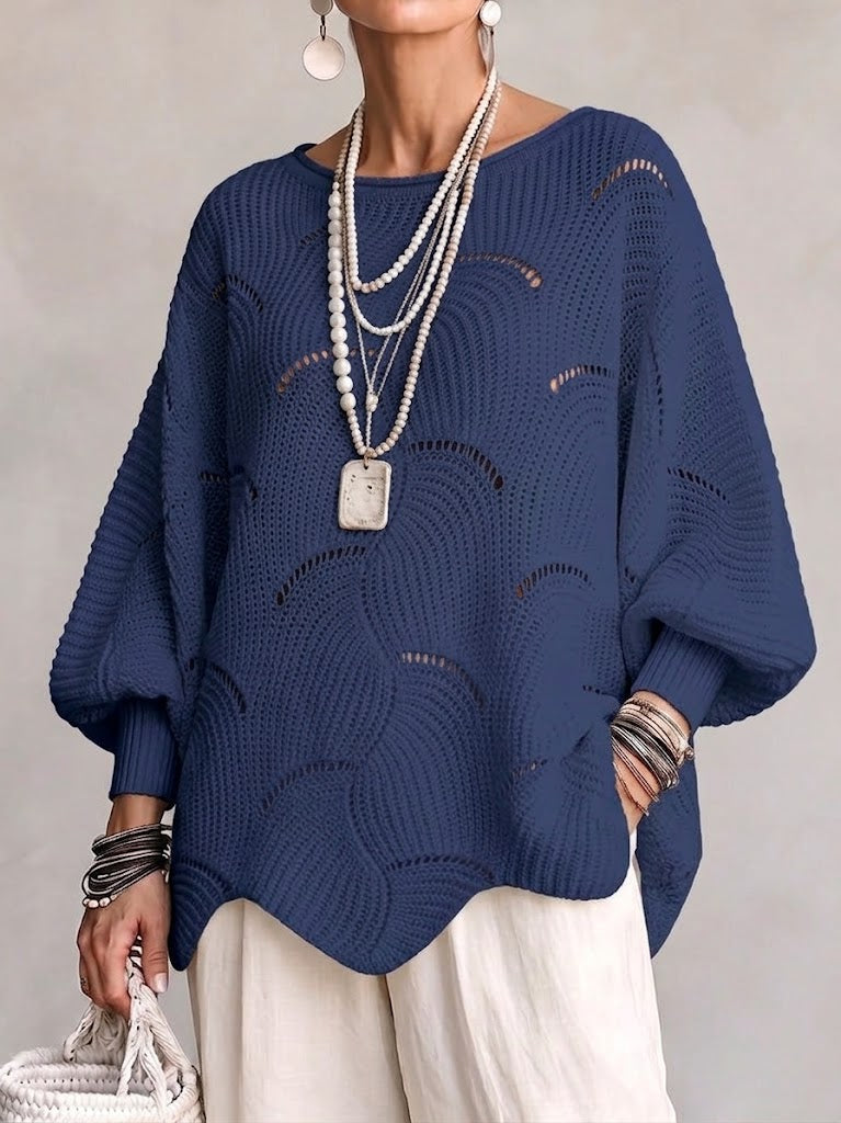 Pull en tricot bleu marine à motif vagues creuses, manches lanternes amples