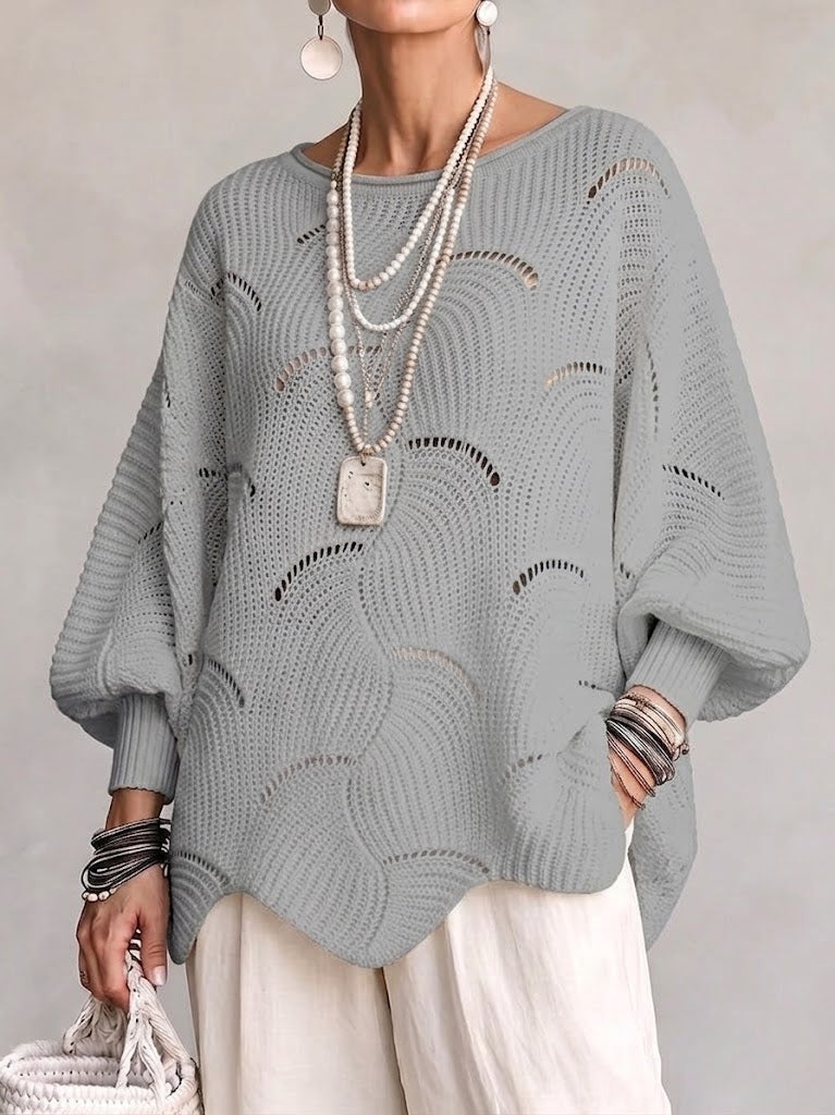 Pull en tricot gris clair à motif vagues creuses, manches lanternes amples