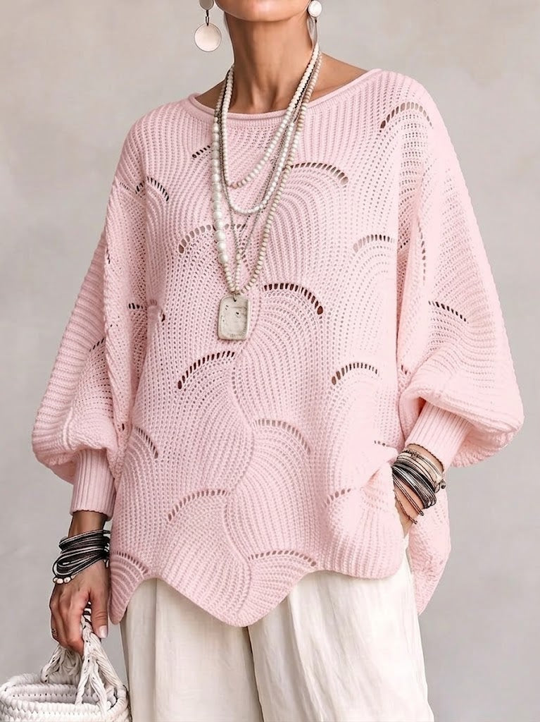 Pull en tricot rose clair à motif vagues creuses, manches lanternes amples
