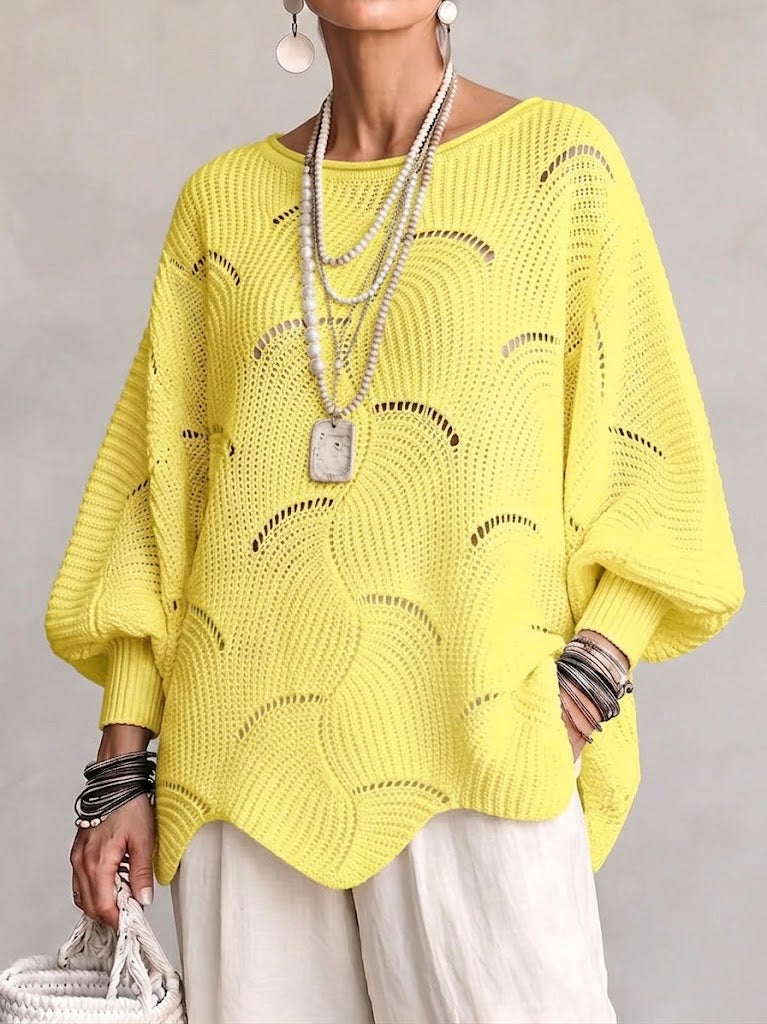Pull en tricot jaune à motif vagues creuses, manches lanternes amples