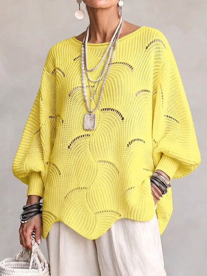 Pull en tricot jaune à motif vagues creuses, manches lanternes amples
