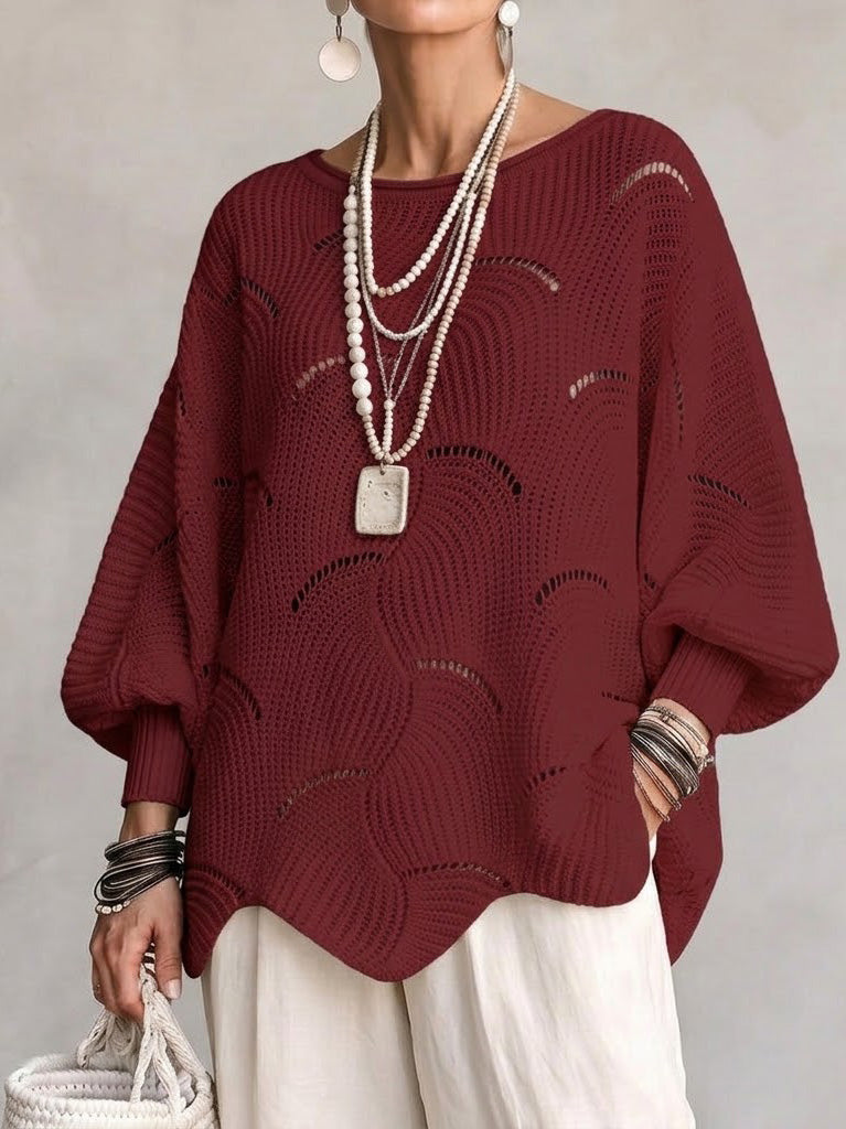 Pull en tricot bordeaux à motif vagues creuses, manches lanternes amples
