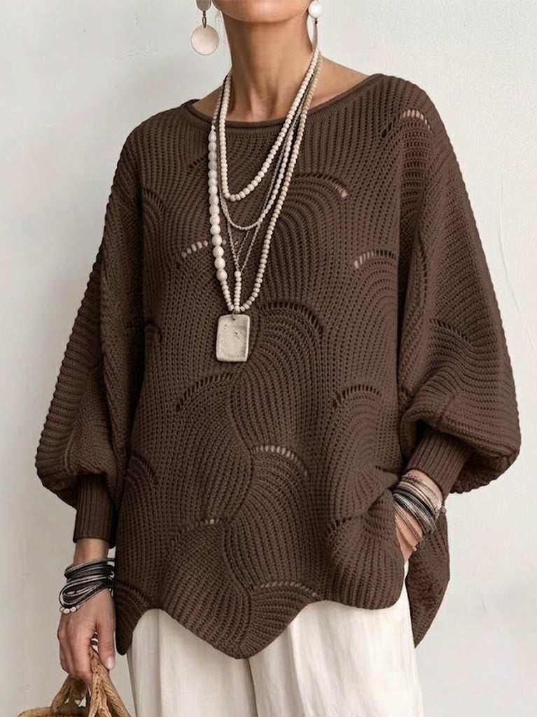 Pull en tricot couleur café à motif vagues creuses, manches lanternes amples