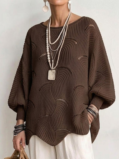 Pull en tricot couleur café à motif vagues creuses, manches lanternes amples