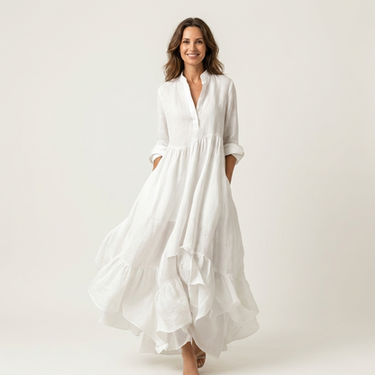 Jilana | Robe maxi à col haut avec boutons et ourlet à volants